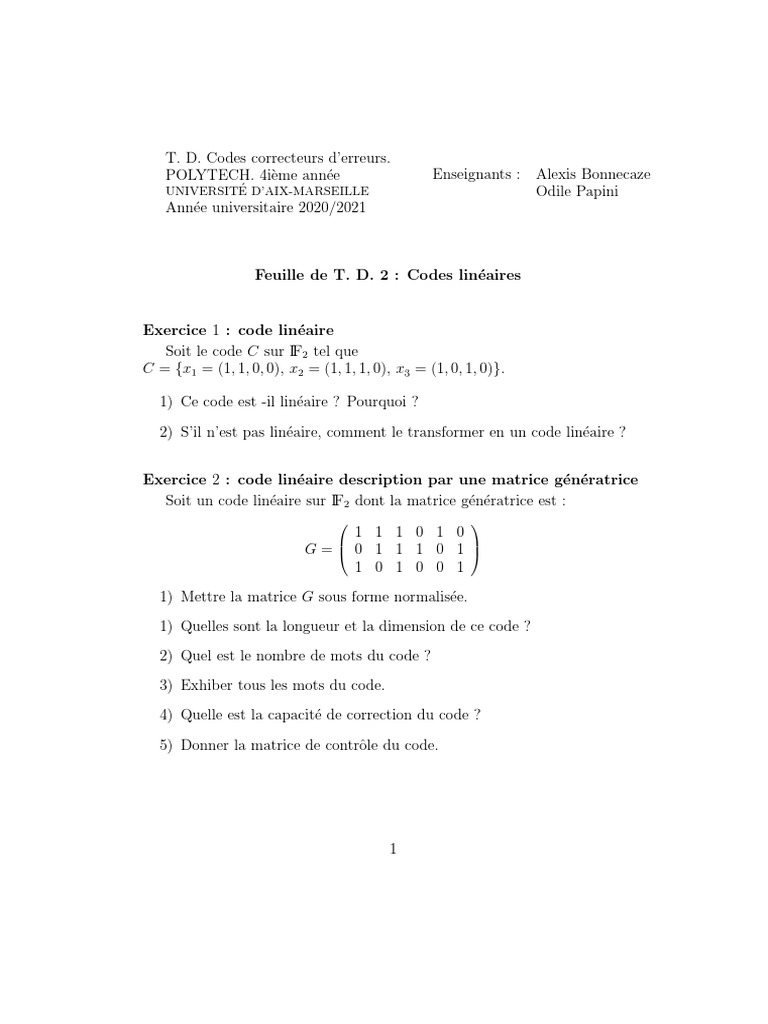 Codes correcteurs d'erreurs linéaires | PDF | Informatique ...