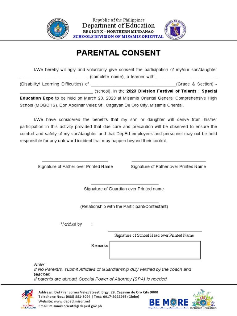 Parental Consent for School Activities | PDF