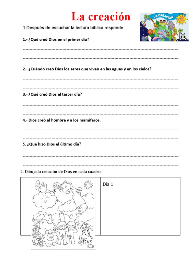 Fichas sobre la Creación de Dios para Niños PDF Tierra Cielo