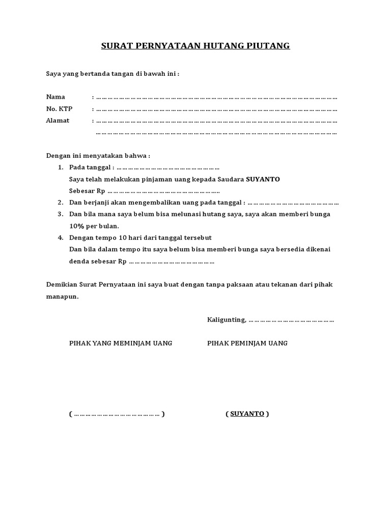 Surat Pernyataan Hutang Piutang Pdf