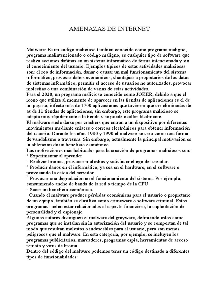 Amenazas de Internet | Descargar gratis PDF | Malware | Comunicación segura