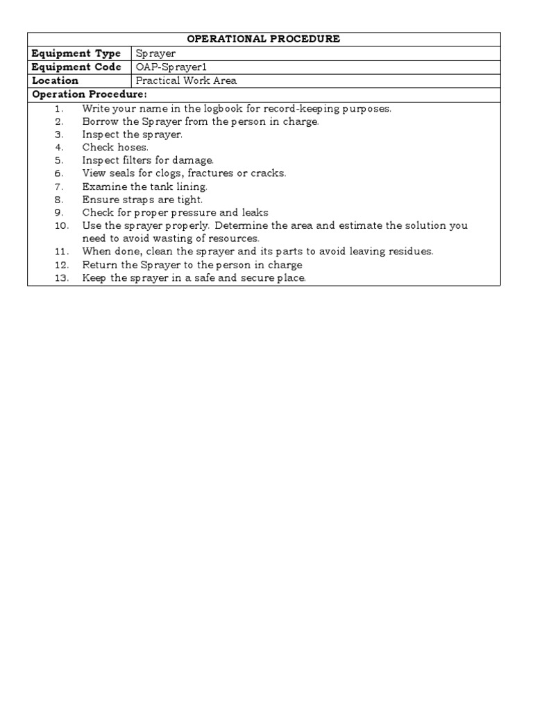 Operational Procedure Equipment Type Equipment Code Location Operation Procedure PDF
