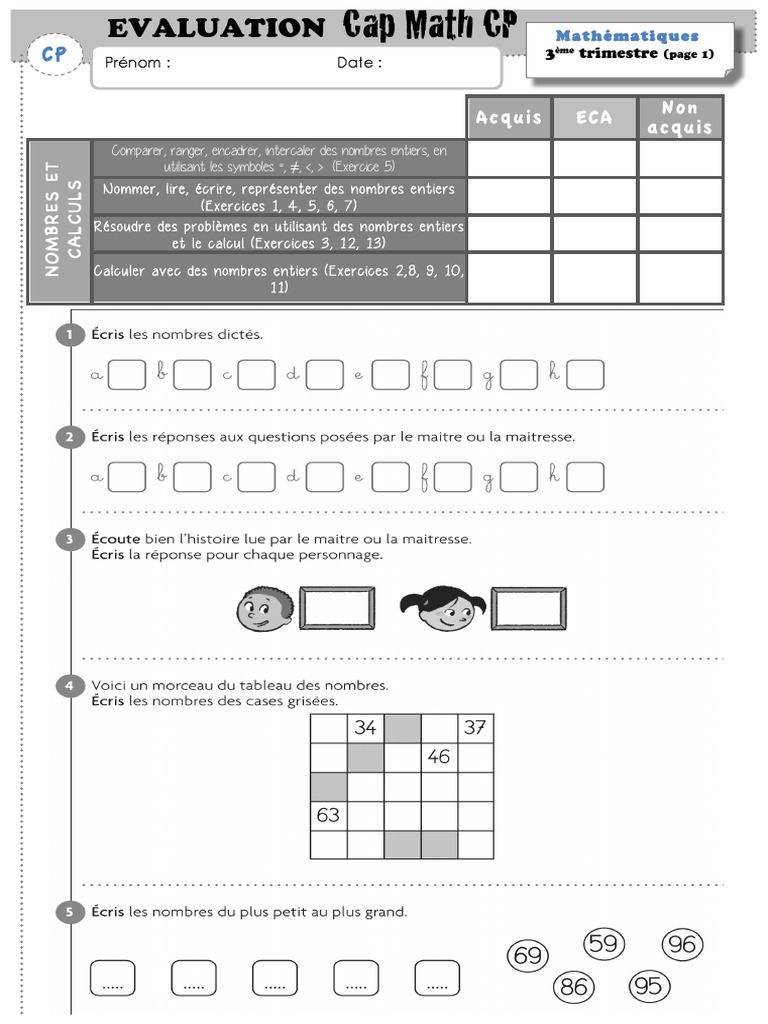 EVALUATION Cap Math CP 3e Me Trimestre | PDF | Mathématiques | Géométrie