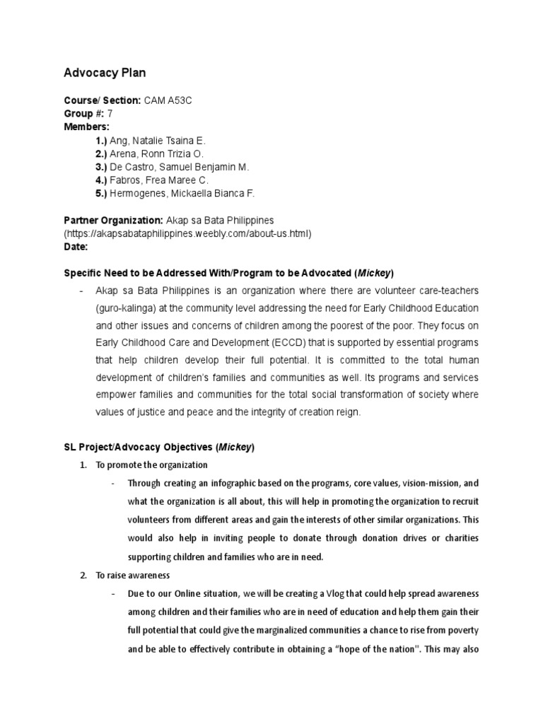 Akap sa Bata Advocacy Plan | PDF | Human Resources