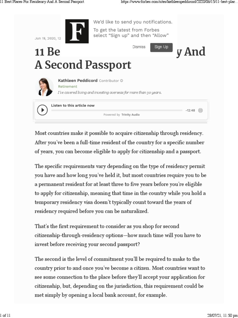 11 Best Places For Residency and A Second Passport PDF Travel Visa Naturalization