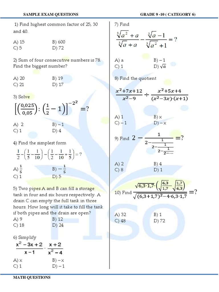 Sample Questions - FISO/Maths/MATH-QUESTIONS - Grade-9-10Category-6-S.Q ...