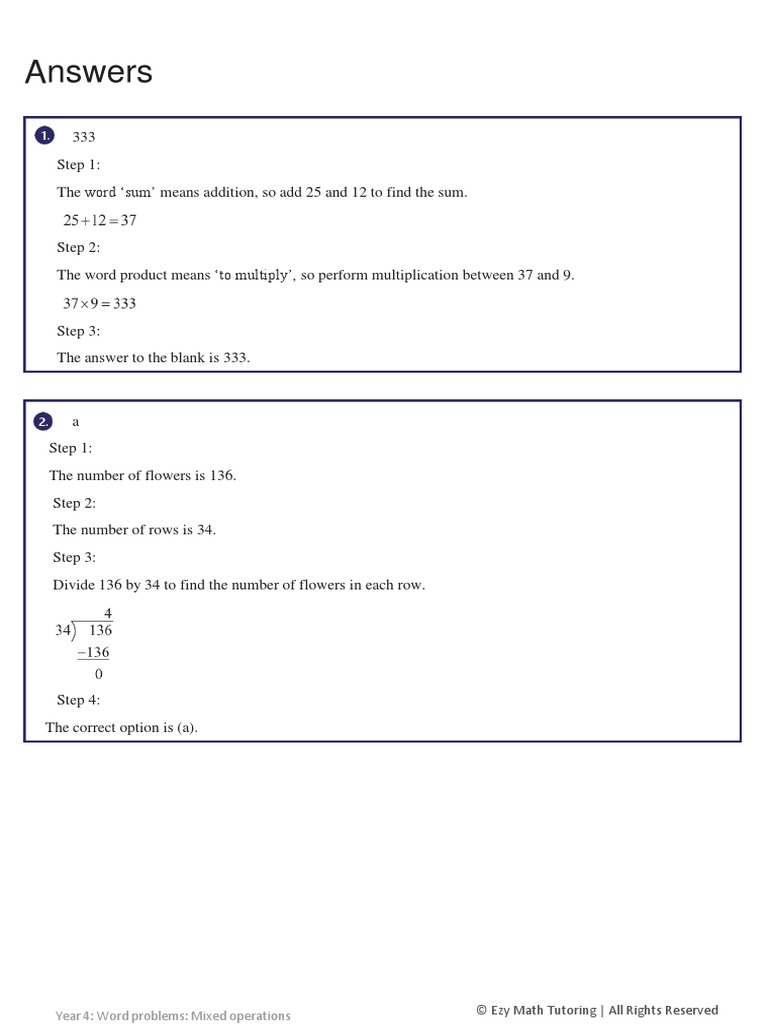 Year 4 Maths Test Word Problems Mixed Operations Answers PDF