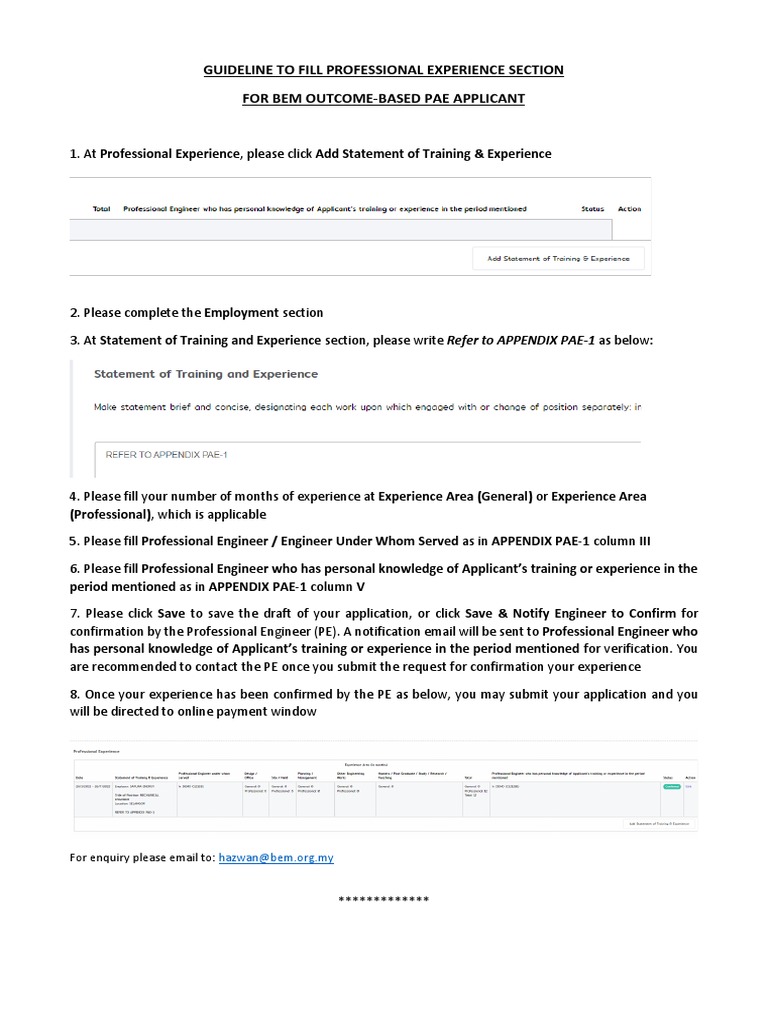 Guide to filling professional experience for PAE applicants | PDF