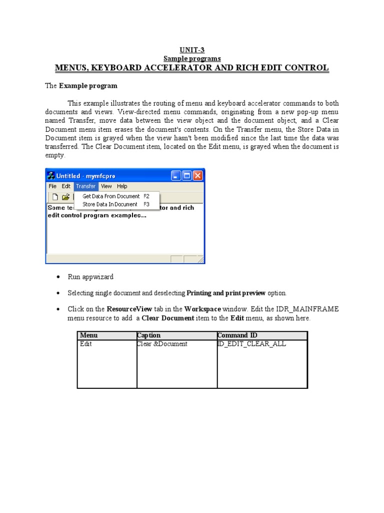 Menus, Keyboard Accelerator and Rich Edit Control UNIT3 Sample