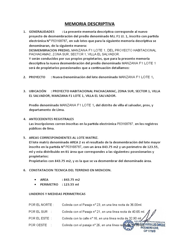 Desmembración Predio Manzana F1 Lote 1 | PDF
