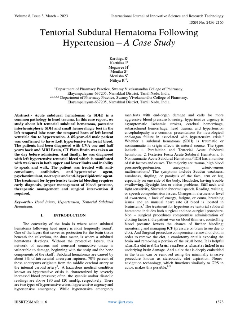 Tentorial Subdural Hematoma Case Study | PDF | Hypertension | Traumatic ...