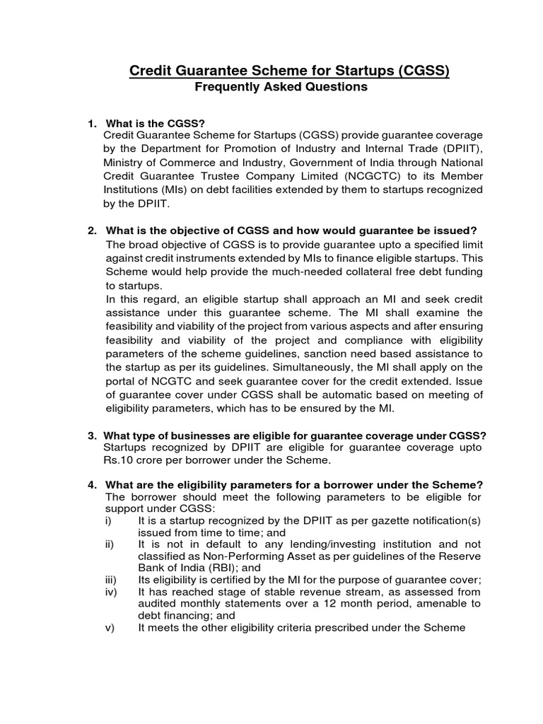 Credit Guarantee Scheme For Startups (CGSS) PDF Line Of Credit