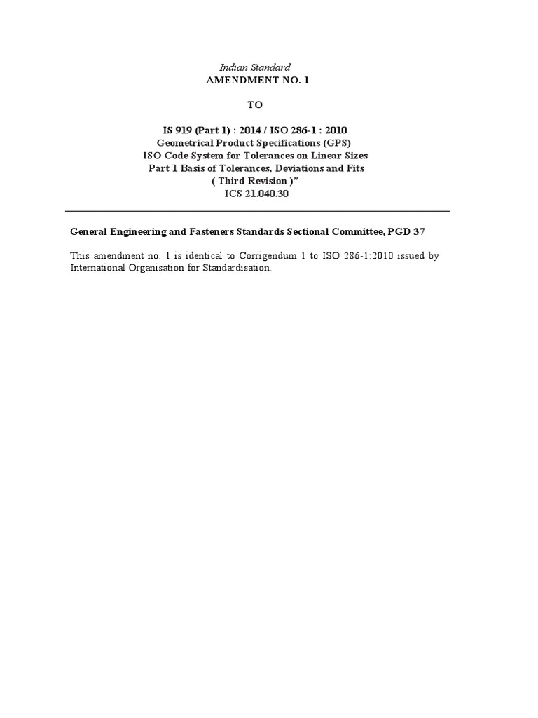 IS 919 (Part 1) Amendment Overview | PDF