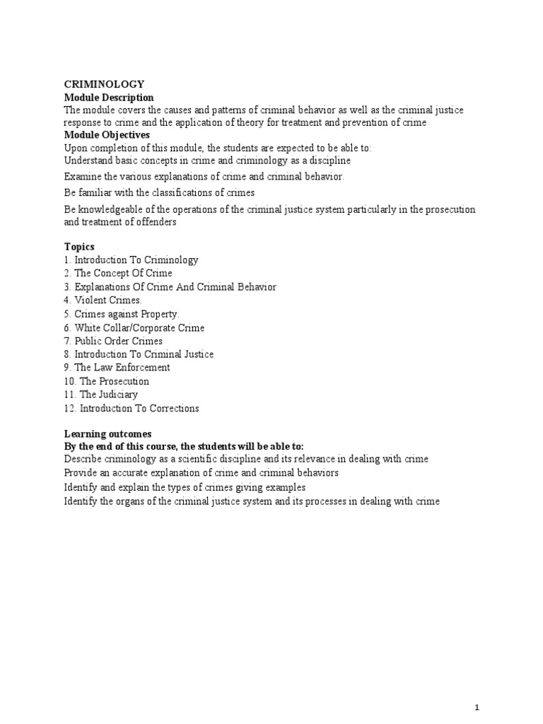 Criminology Module Description Module Objectives PDF Criminology