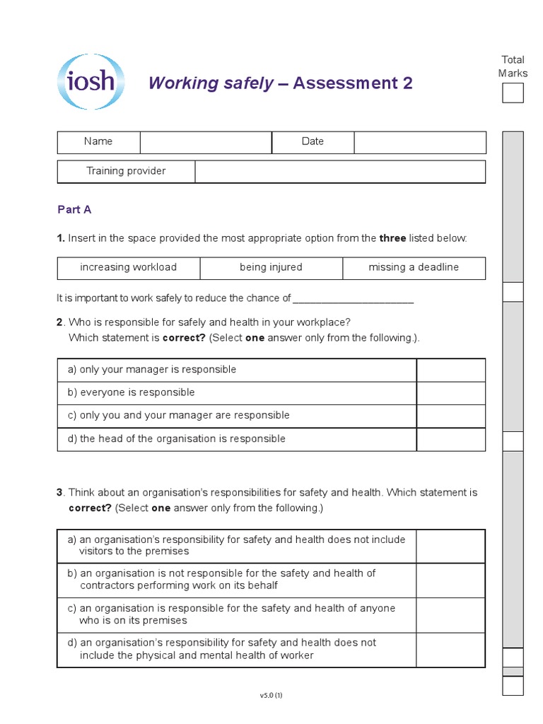 Working Safely Assessment 2 Part A PDF Occupational Safety And