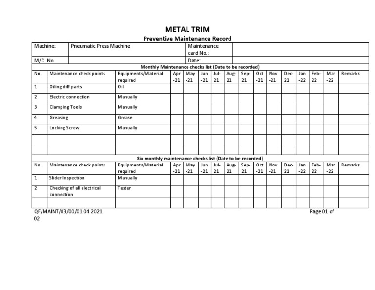 QF-MAINT-03 Preventive Maintenance Record | PDF