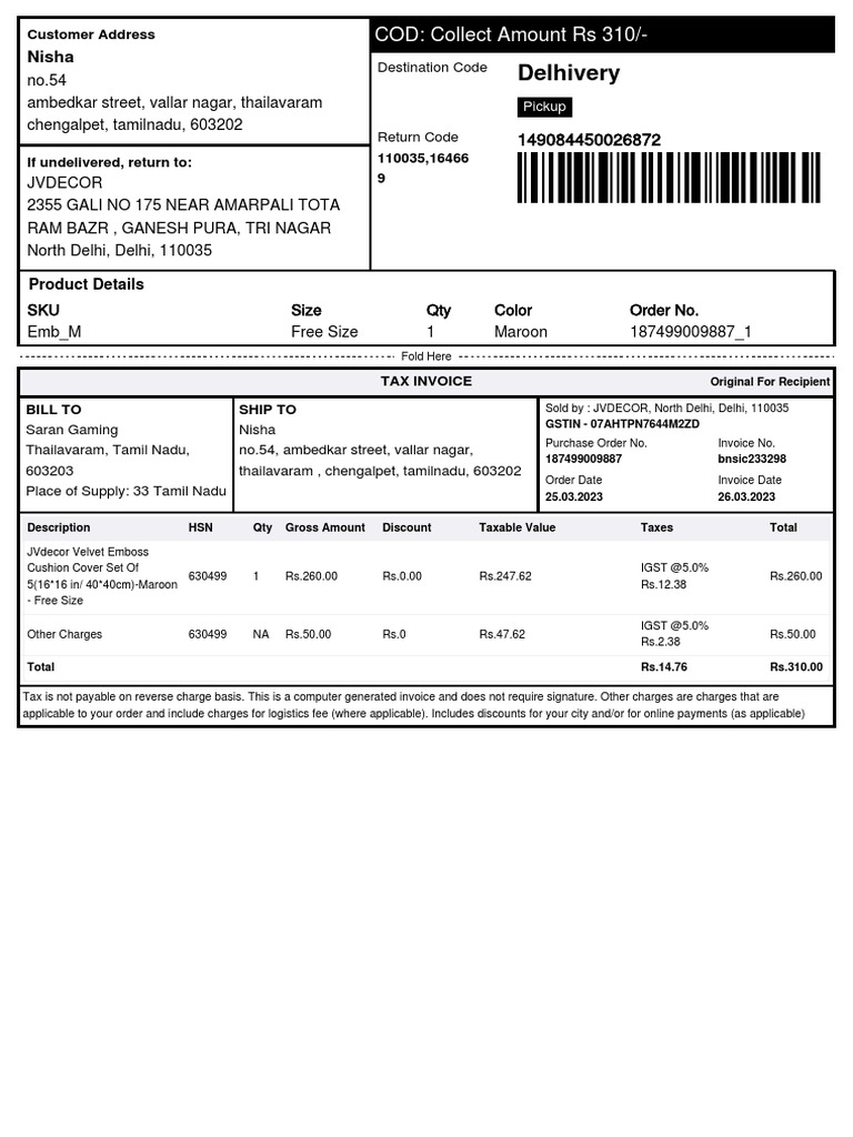 Order invoices for cushion covers and home decor items shipped to