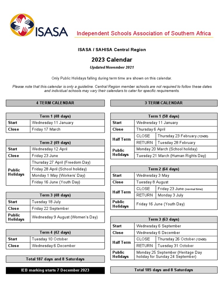 ISASA and SAHISA Central Region Calendar 2023 PDF Academic Term