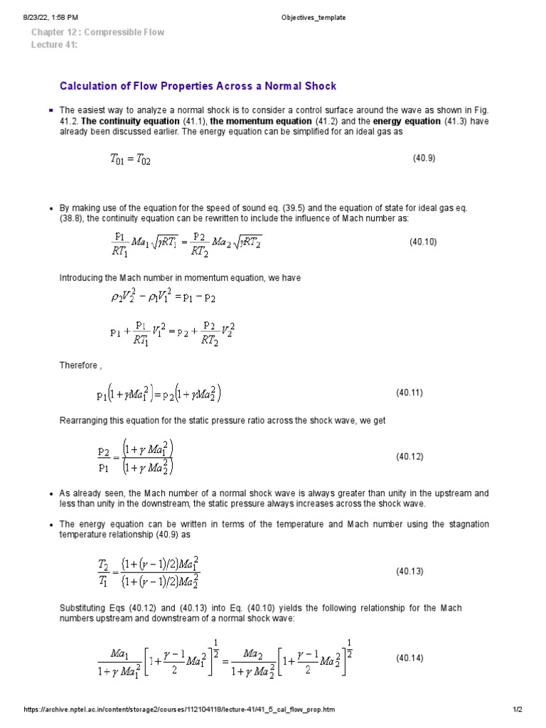 Calculation of Flow Properties Across A Normal Shock PDF Shock Wave
