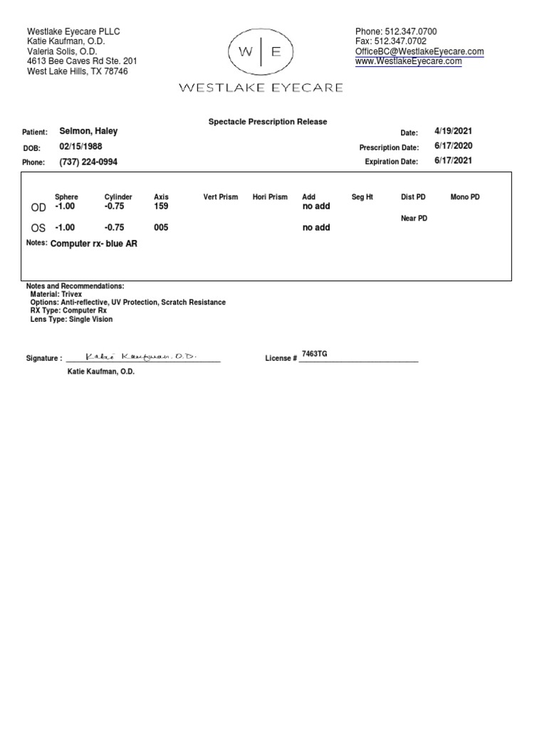 Westlake Eyecare Spectacle Prescription | PDF