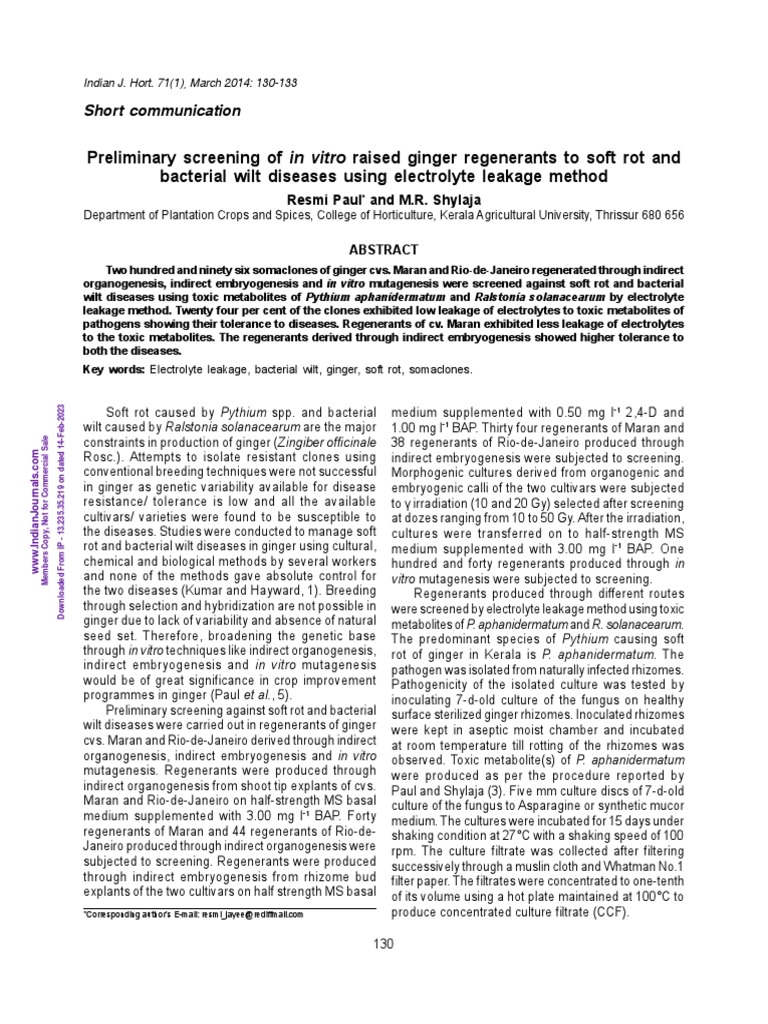 Preliminary Screening Regenerants of Ginger Against Soft Rot and