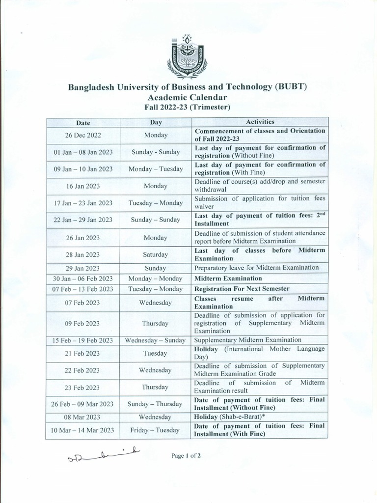 Academic Calendar For Fall2223 (Trimester) PDF