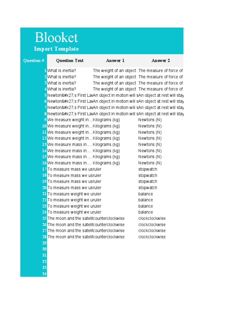 Blooket: Import Template | PDF | Weight | Mass