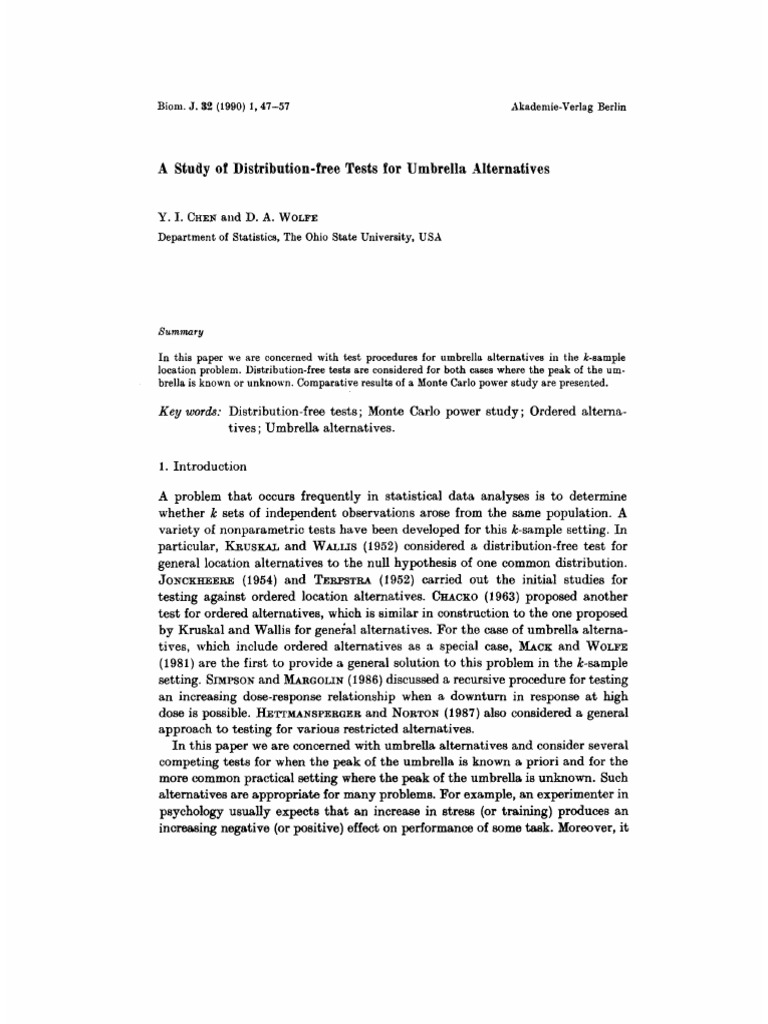 Biometrical J 1990 Chen A Study of Distribution Free Tests For