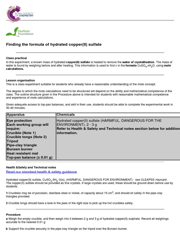 Finding The Formula of Hydrated Copper (II) Sulfate PDF Physical