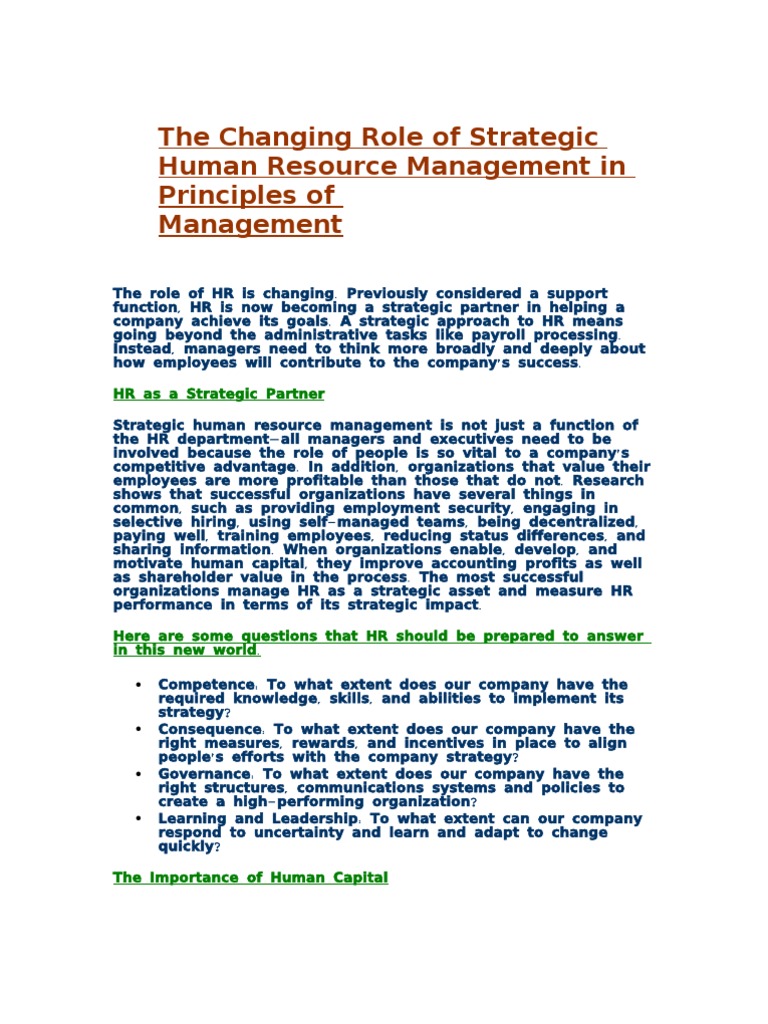 The Changing Role of Strategic Human Resource Management in Principles ...
