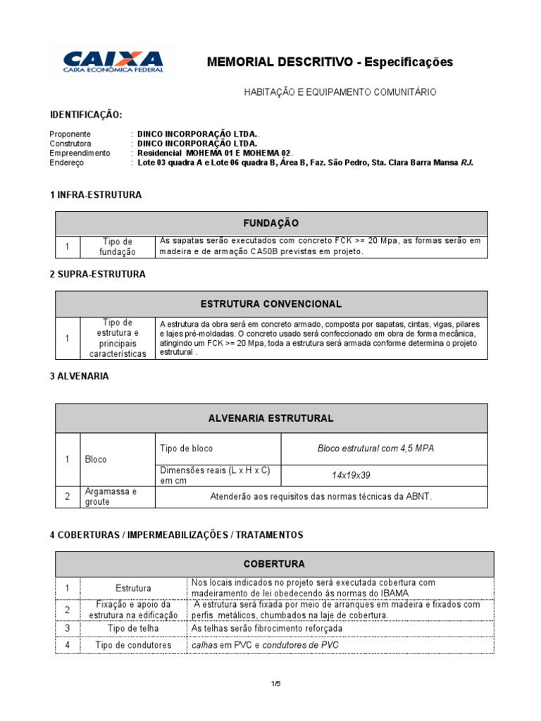 22 Memorial Descritivo Habitação MOHEMA | PDF | Pia | Materiais de ...