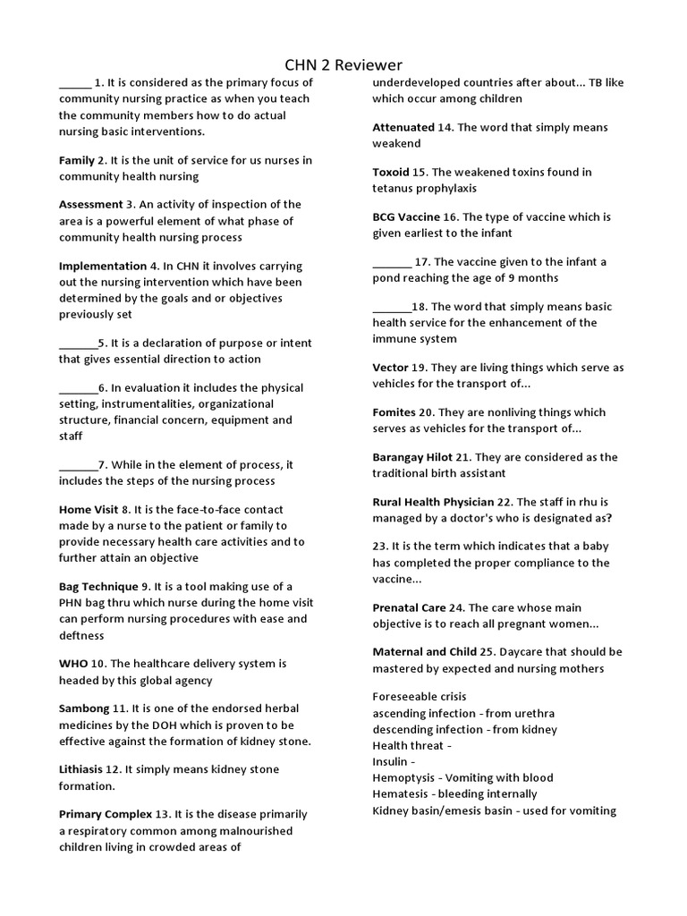 A CHN 2 Reviewer | PDF | Nursing | Vaccines