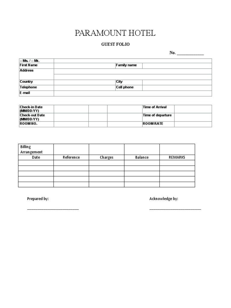 Paramount Hotel Guest Folio No. PDF