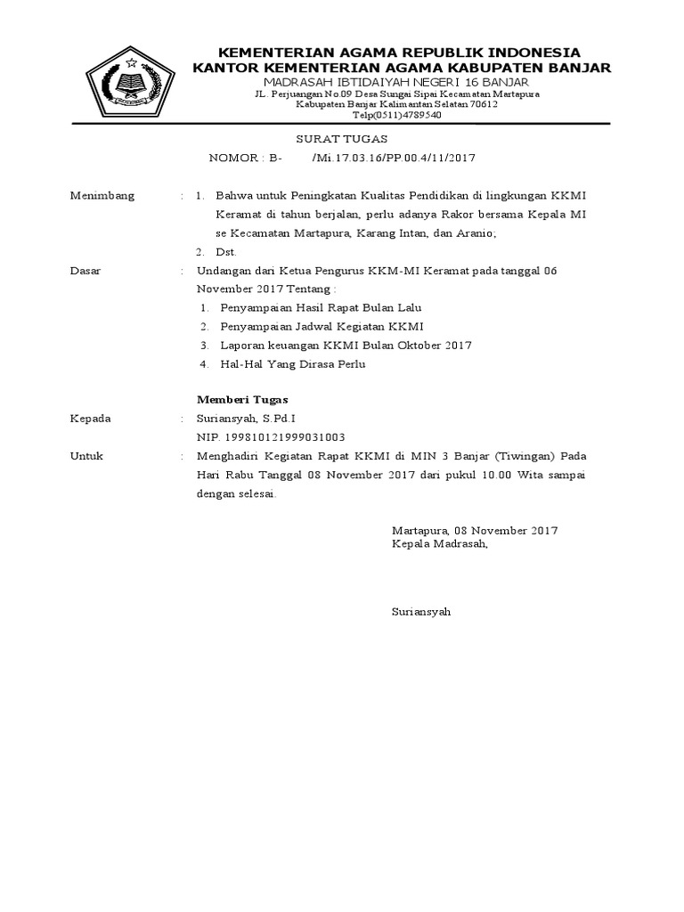 Surat Tugas Rapat KKMI Kabupaten Banjar | PDF