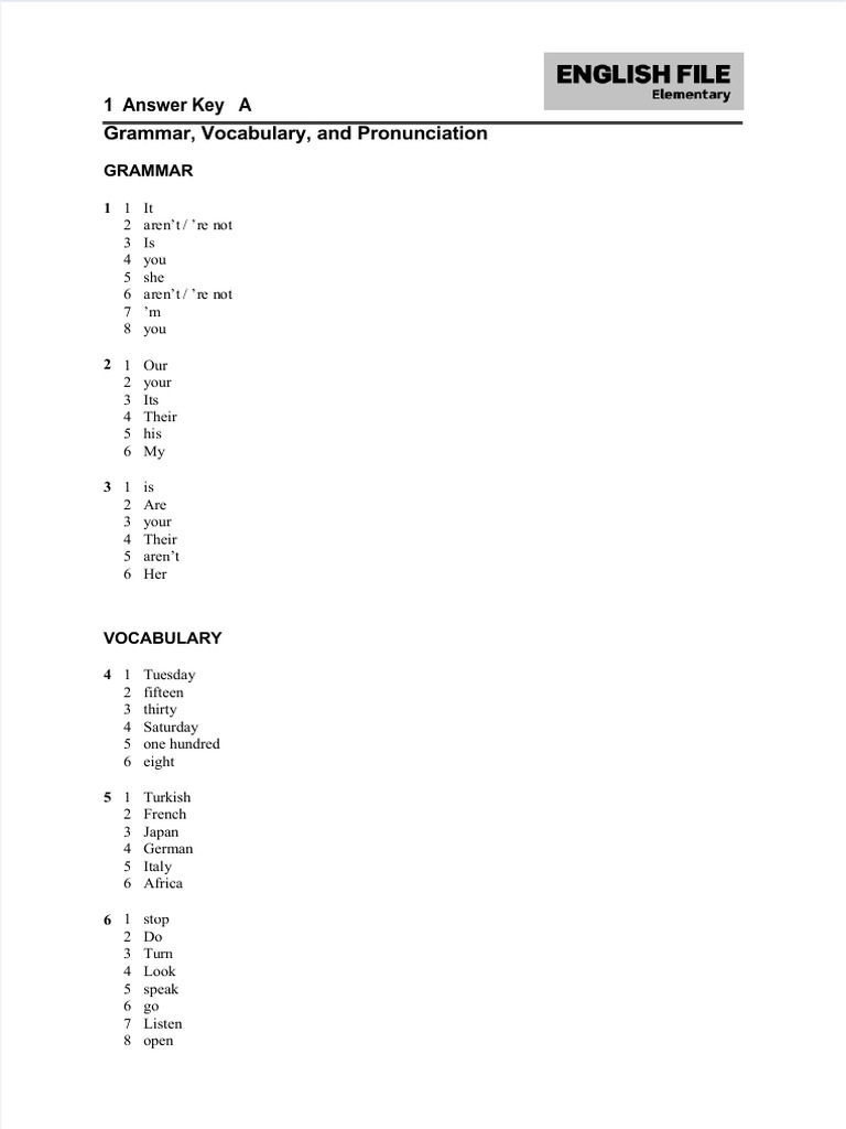 Ef3e Elem Filetest 01 Answerkey Pdf Linguistics