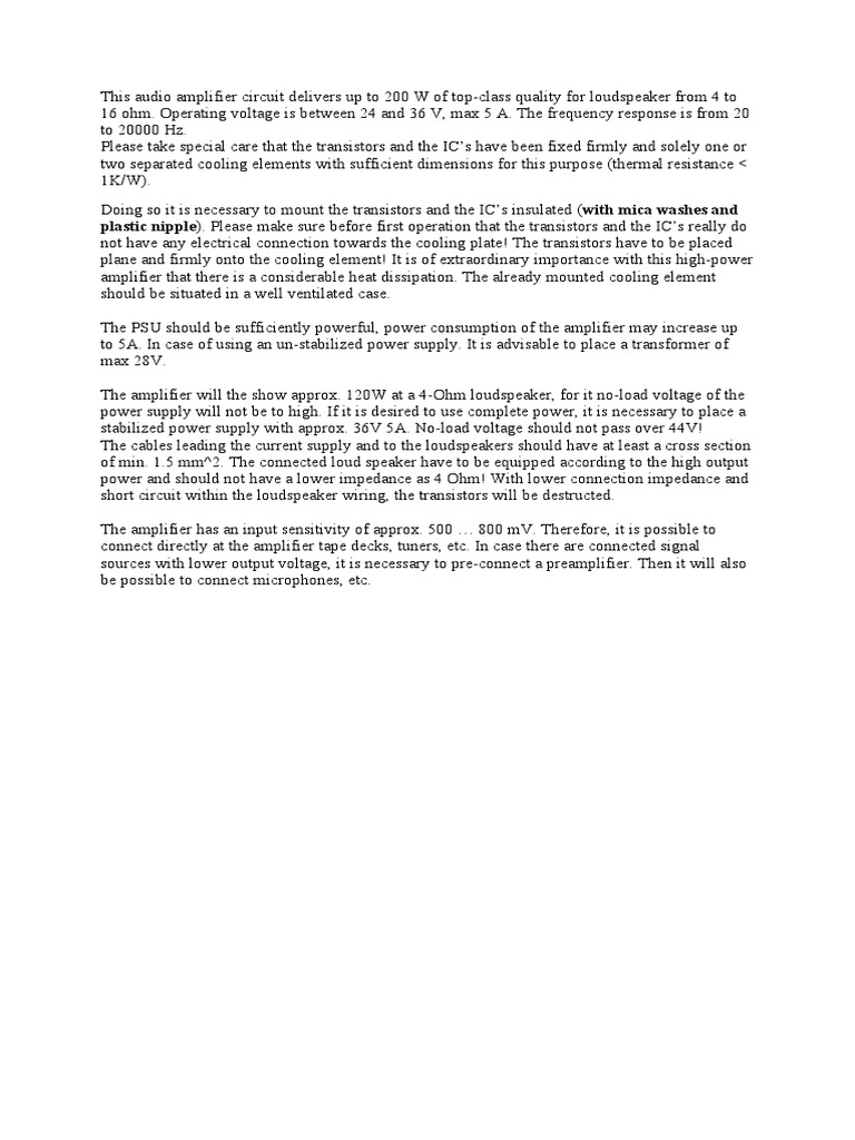 This Audio Amplifier Circuit Delivers Up To 200 W of Top | PDF