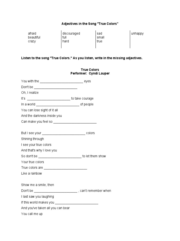 True Colors Lyrics 1 PDF