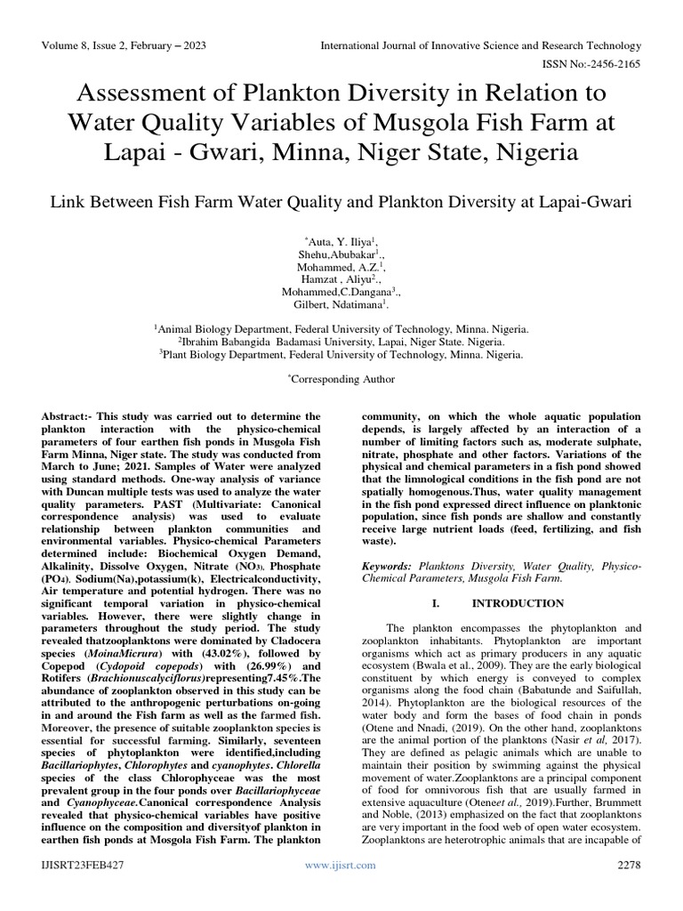 Assessment of Plankton Diversity in Relation To Water Quality Variables ...