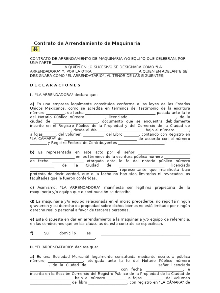 Contrato de Arrendamiento de Maquinaria Alquiler