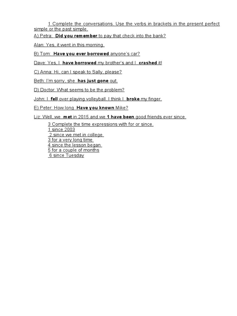 Present Perfect and Past Simple Exercises | PDF | Language Arts ...