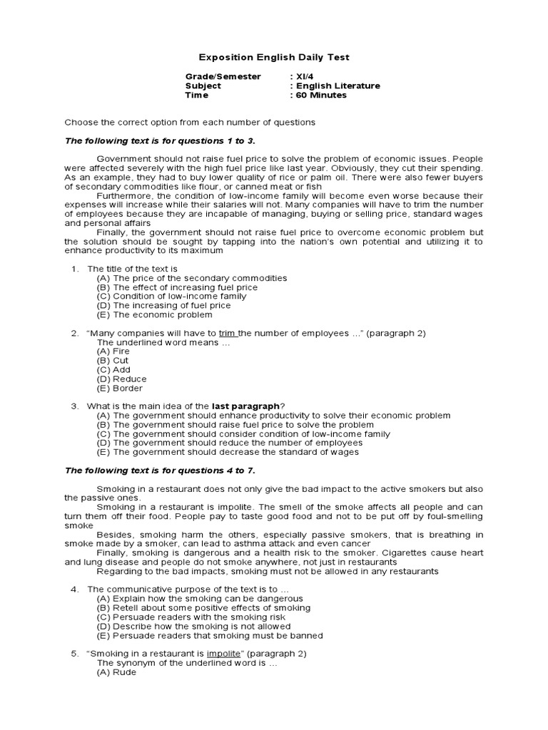 Exposition English Daily Test: The Following Text Is For Questions 1 To ...