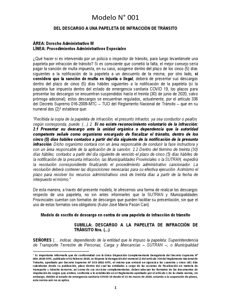 Modelo de Descargo por Infracción de Tránsito | PDF | Multa (pena ...
