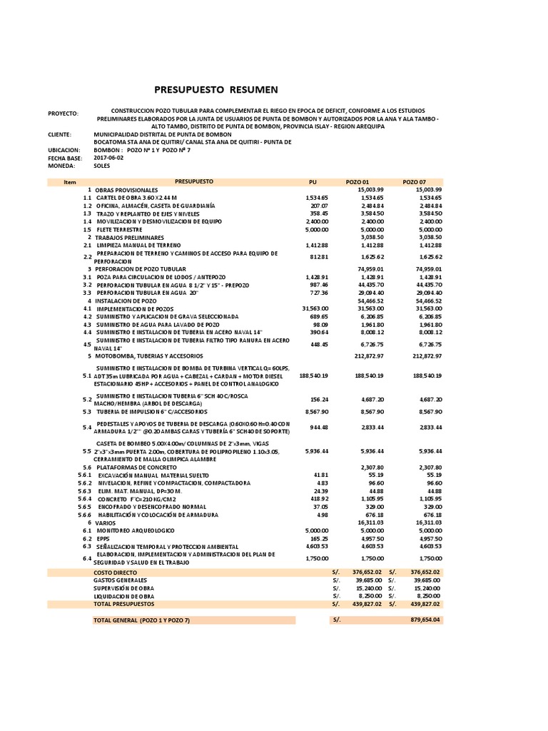 Presupuesto Construcción Pozos Punta Bombón | PDF | Materiales de ...