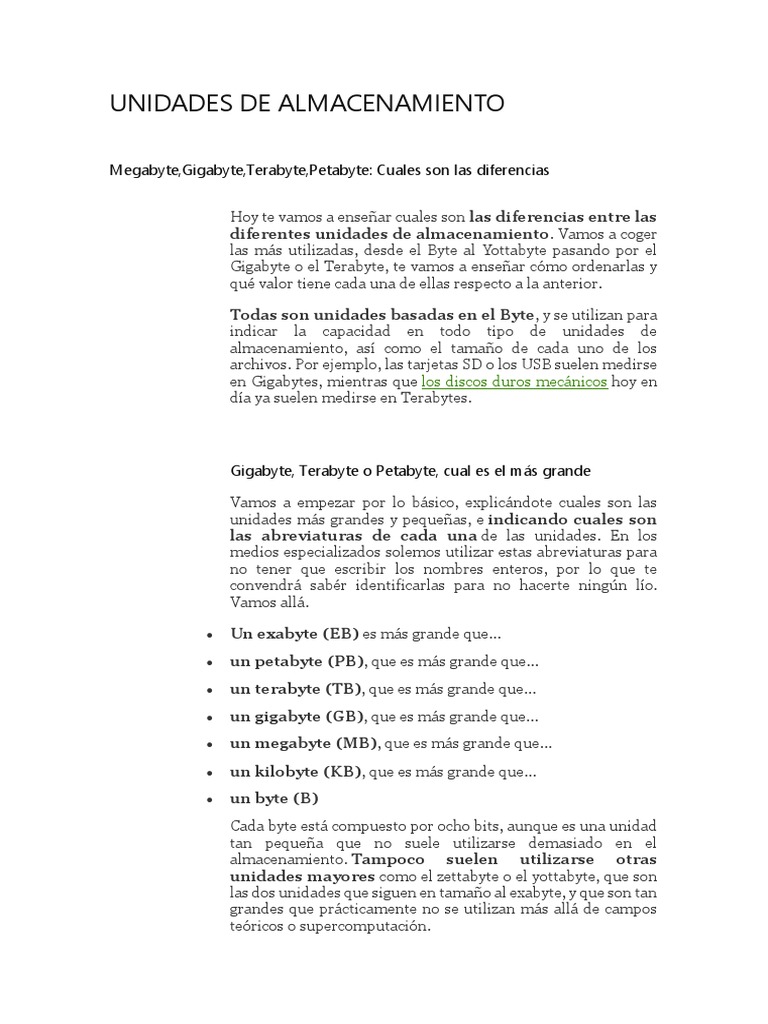 Unidades de almacenamiento megabyte gigabyte terabyte petabyte