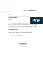 Caracas, 12 de Septiembre de 2022: Universidad Nacional Experimental Del Transporte Rector y Su Despacho. Presente