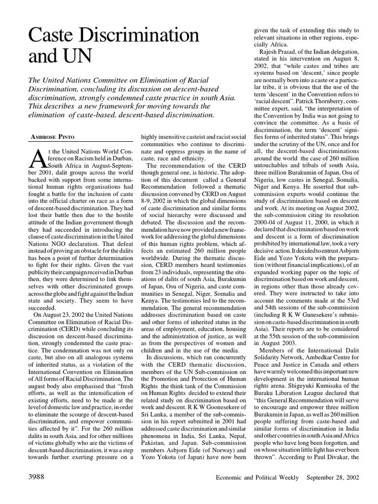 UN Condemns Caste Discrimination | PDF | Caste | Dalit