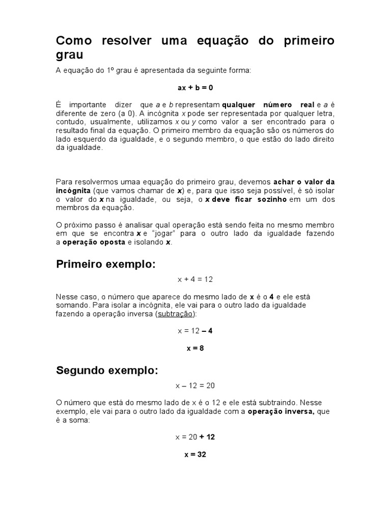 Como Resolver Equações do 1º Grau | PDF | Equações | Álgebra