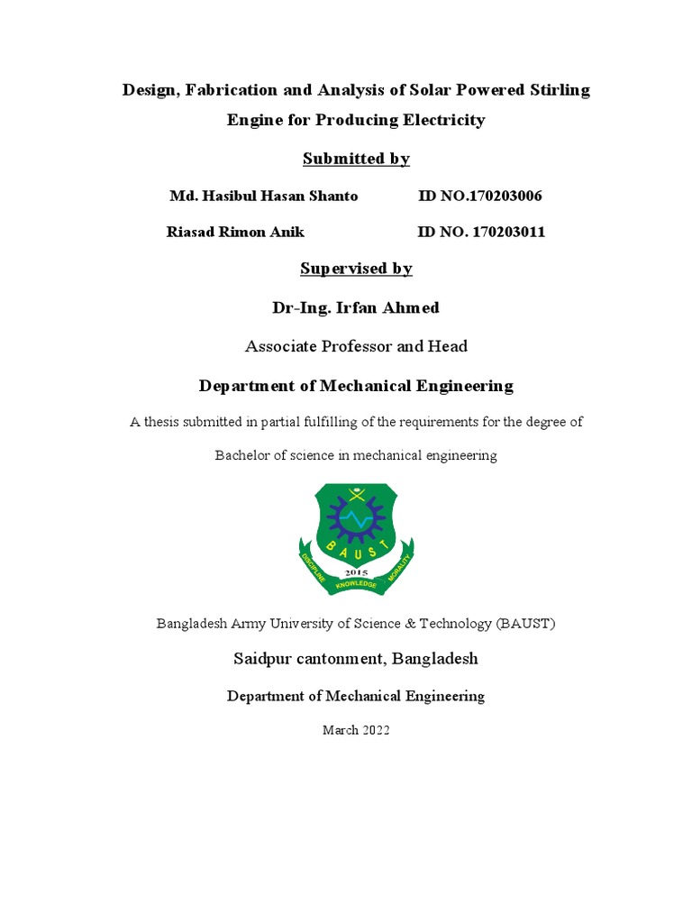 Thesis Book (Solar Powered Stirling Engine) | PDF | Engines | Solar Energy