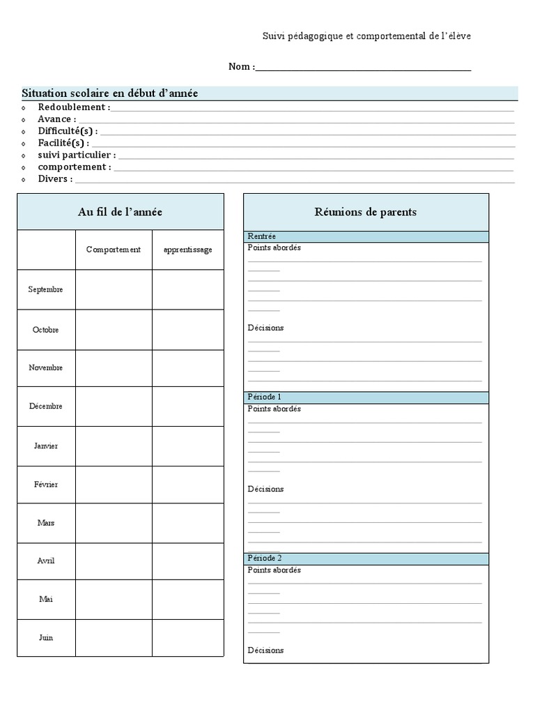 Fiche de suivi comportement élève | PDF | Apprentissage | Modification ...