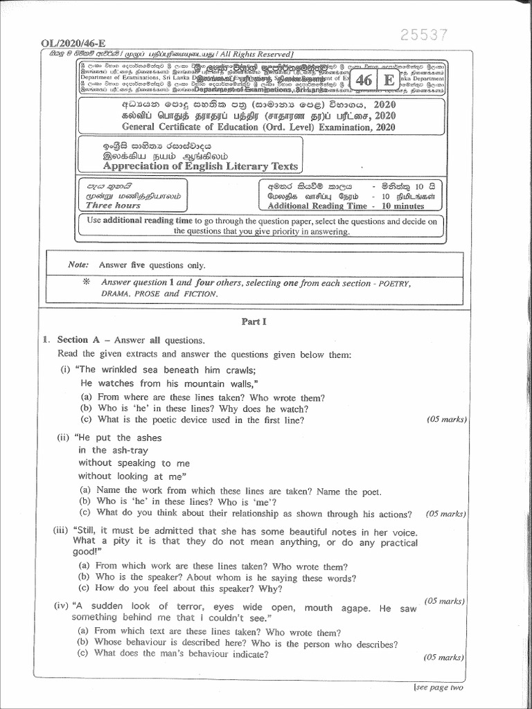2020 OL Appreciation of English Literary Texts Past Paper | PDF